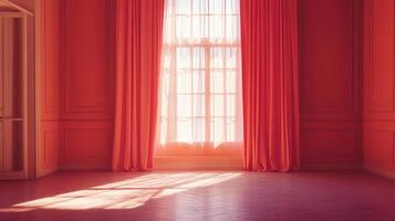 Sunlit room in a vibrant hue. A serene and stylish interior featuring a sun-drenched window, and a harmonious color palette, creating tranquility. photo