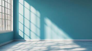 Sunlight streaming into an empty room, creating patterns on the walls and floor, highlighting its simplicity and potential. Modern aesthetic. photo