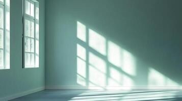 Sunlight streams into a serene, minimalist room, casting geometric patterns on the wall, creating a tranquil and airy ambiance. photo
