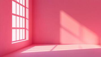 A pink room is bathed in sunlight streaming through a window, creating shadows on the wall and floor, highlighting the room's bright, soft color. photo