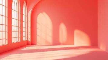 An elegantly arched room with diffused sunlight streaming through tall windows, casting long shadows across its monochromatic coral surface. photo