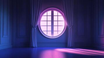 An oval window emits bright light into an empty blue room with matching curtains. The light casts a pink glow across the space. photo