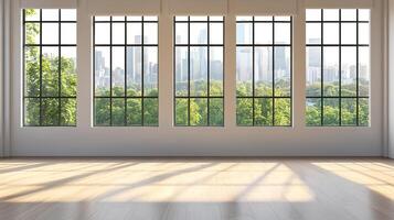 Bright, airy room with large windows offering city views. Natural light floods the space, highlighting the wooden floor. Serene atmosphere. photo