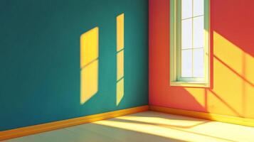 Sunlight streams through a window, casting bright shadows on the teal and coral walls of an otherwise empty, sun-drenched room. photo