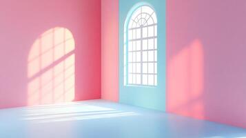 Sunlight streams through a gridded window casting abstract patterns on the pink walls of a room with a soothing blue floor. photo