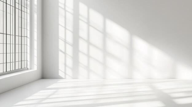 Bright, airy room filled with sunlight streaming through a large window, creating patterns on the walls and floor. Serene, minimalistic space. photo
