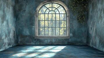 Rustic room with arched window bathed in light, old-world charm, and textured blue walls. Sunlight filters through nature, creating a serene. photo
