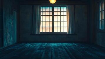 A dimly lit, empty room with a large window letting in soft light. Dark wooden floorboards and textured walls create a sense of mystery. photo