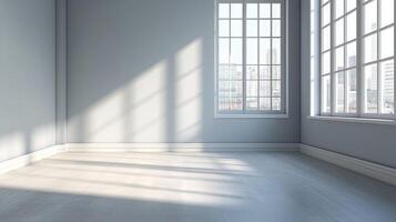 Bright light streams into a minimal room with a window view of the cityscape, contrasting shadows and highlighting architectural details. photo