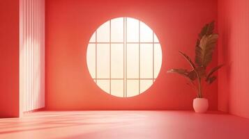 Minimalist red room with round window, plant, and fluted wall offers serene simplicity and modern design, blending indoor nature with a bright space. photo