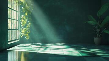 Light streams through a window, illuminating a green room with a plant, creating a tranquil and peaceful indoor scene. photo