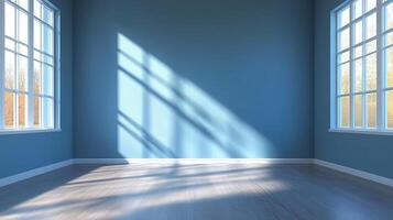 Light streams into a blue room through two windows, casting geometric shadows across the floor, creating a serene and minimalist aesthetic. photo