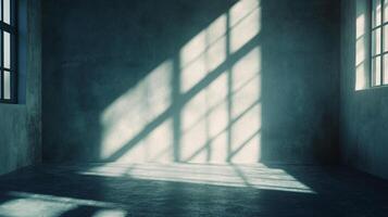 An empty room with sunlight streaming in through the windows, creating patterns of light and shadow on the wall and floor. photo