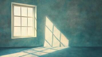 A light-filled room shows sunlight streaming in through a window, casting shadows on the wall, illuminating the empty space. photo