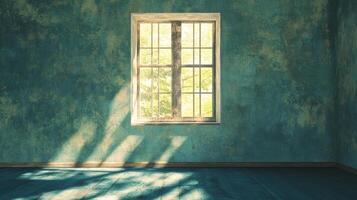 Sunlight streams through a framed window onto a textured teal wall in an empty room, casting shadow lines across the wooden floor. photo