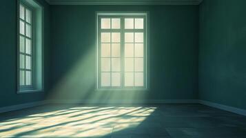 Sunlight streams through a window in an empty room, casting dramatic shadows and creating a peaceful, serene atmosphere. photo