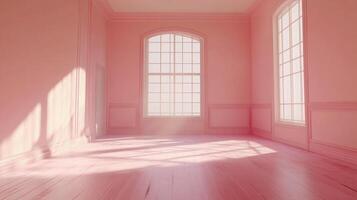 Minimalist pink room with sunlight streaming through windows, creating a warm and inviting atmosphere. Light and shadow accentuate the space. photo