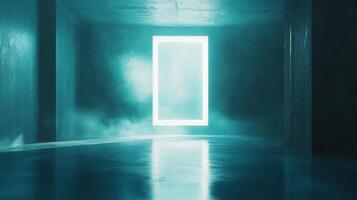 A glowing rectangular portal emits misty blue light, casting eerie reflections in a futuristic and abstract minimalist space. photo