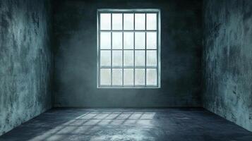 A bare room with concrete walls and floor, illuminated by sunlight streaming through a frosted window, casting shadows across the floor. photo