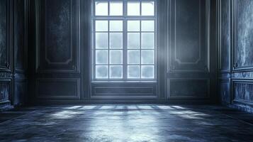 An empty chamber of vintage decor is lit by sunlight through the window, creating an ethereal glow on the floor. photo