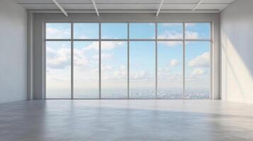 Bright, expansive room with a large window offering a city view under a blue sky with clouds, creating a sense of openness and possibility. photo
