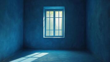 A window, set within the center of the wall, allows daylight to illuminate an empty room, creating shadows on the blue floor and walls. photo