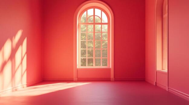 A sunlit room with a large window casts shadows on the walls and floor, creating a warm, inviting atmosphere. The room's color is soft red photo