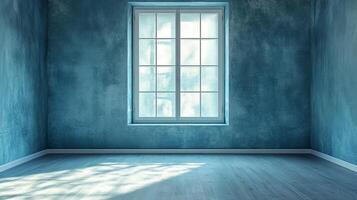 A window casts light in an empty room with blue-tinted walls, creating a minimalist aesthetic. The room is simple, clean, and inviting. photo