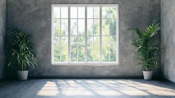 Bright room with large window, casting light on a plain grey floor, with green plants on either side, minimalist, and spacious. photo