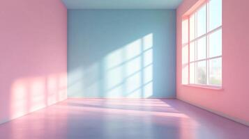 A minimalist room with pastel hues of pink, blue and purple, featuring sunlight streaming through a window, creating abstract light patterns. photo