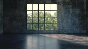 Large paned window floods an empty industrial space with natural light, showing trees outside. Minimalist architecture defines the room. photo