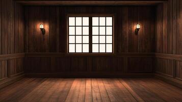 Wood-paneled room with natural light streaming through the window, creating a warm and inviting atmosphere in this classic interior. photo