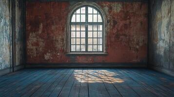 Sunlight streams through a window into a distressed room with weathered walls and a blue wood floor, creating texture and light in a space. photo