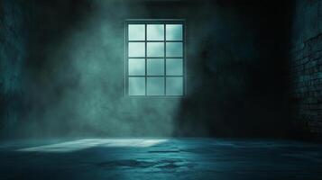 Eerie scene with a gridded window in a concrete room, filled with atmospheric smoke and light. Gloomy atmosphere evokes mystery and suspense. photo