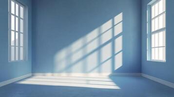 Light and shadow play in an empty room, creating a calming and spacious feeling, accentuating the blue wall and inviting atmosphere. photo