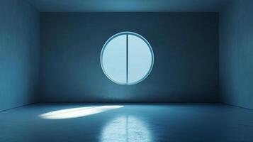 Monochromatic blue room with a round window allowing light in, creating a tranquil and visually interesting architectural space. photo