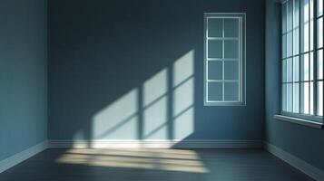 Sunlight streams into an empty blue room through white framed windows casting shadows on the wall and floor, creating a serene atmosphere. photo