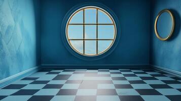 A blue room features a round window looking out to a bright sky, complemented by a checkerboard floor and round mirror, creating a serene space. photo