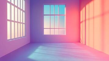 Bright, colorful room with natural light streaming through windows, casting shadows. A minimalist, contemporary space for creative expression. photo