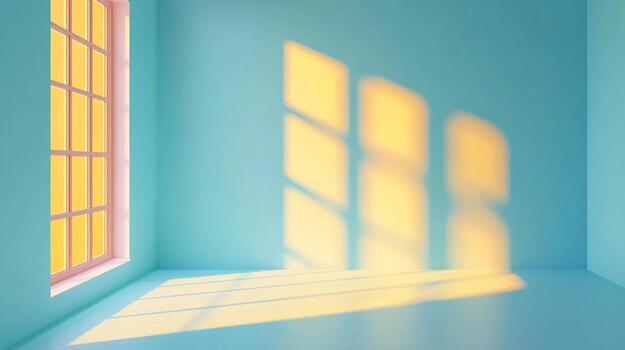 Sunlight streams through a window, casting geometric shadows on the light blue walls of an empty room, creating a bright and airy space. photo