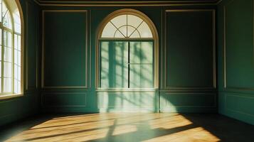 Sunlit emerald room with arched windows, casting shadows on parquet floor, blending classic design with modern tranquility in an architectural embrace. photo