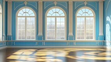 Elegant room featuring three arched windows framed by columns, casting light on a polished wooden floor in a bright, classic setting. photo