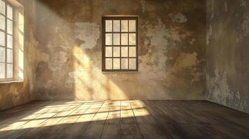 Sunlight streams into a distressed room with weathered walls, old wooden floors, and a divided window, creating a rustic and warm atmosphere. photo