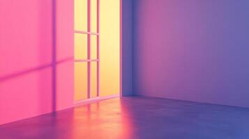 Sunlit corner of a room with pink and purple walls, a window casting shadows. Soft, gradient colors create a tranquil atmosphere. photo