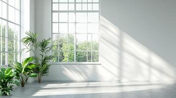 Bright, airy room with large windows casting shadows. Green plants bring life to the minimalist interior. Sunlight streams in, creating a serene ambiance. photo