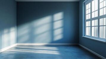Sunlight streams into an empty, modern room with blue walls and a large window, creating a bright and airy atmosphere. A peaceful solitude. photo