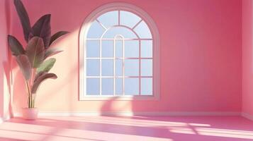 A pink room with a large arched window, bathing the space in light, and a potted plant creating a serene, pastel atmosphere. photo