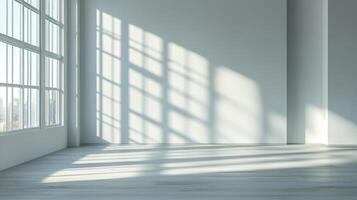 Bright, airy room featuring a white wall and light wood floor, illuminated by patterned shadows cast from a large window on the left side. photo