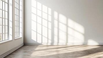 Sunlight streams into a bright, modern room with herringbone floors, highlighting the architectural details and creating a calming, airy space. photo