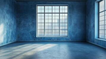 An empty room with concrete walls and floor illuminated by natural light streaming through large windows, creating a serene atmosphere. photo